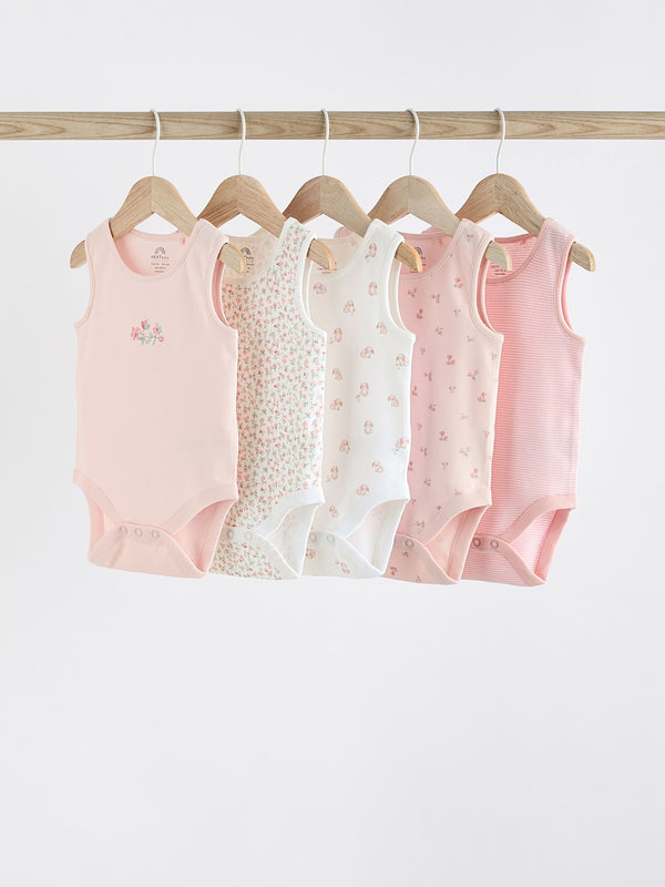 Pink Bunny Baby 100% Cotton Vests 5 Pack