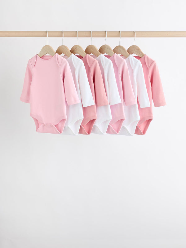 Pink/White 7 Pack Essential Long Sleeve 100% Cotton Baby Bodysuits