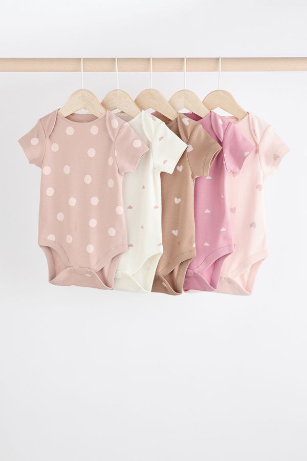 Brown & Pink Baby Short Sleeve 100% Cotton Bodysuits 5 Pack