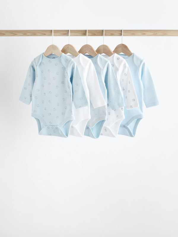 Blue 5 Pack Baby Bear 100% Cotton Long Sleeve Bodysuits