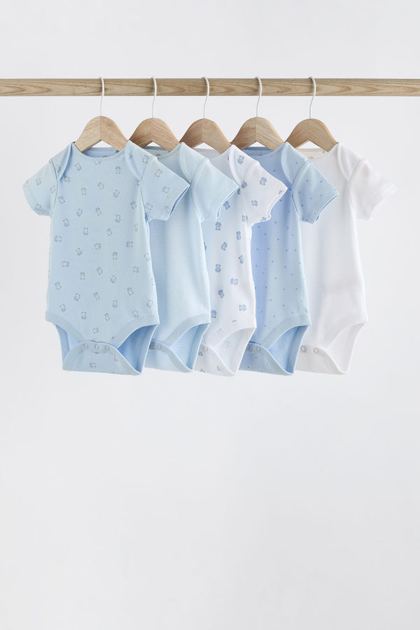 Blue 5 Pack Bear Short Sleeve Baby Bodysuits