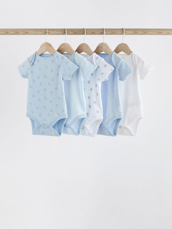 Blue 5 Pack Bear Short Sleeve Baby Bodysuits