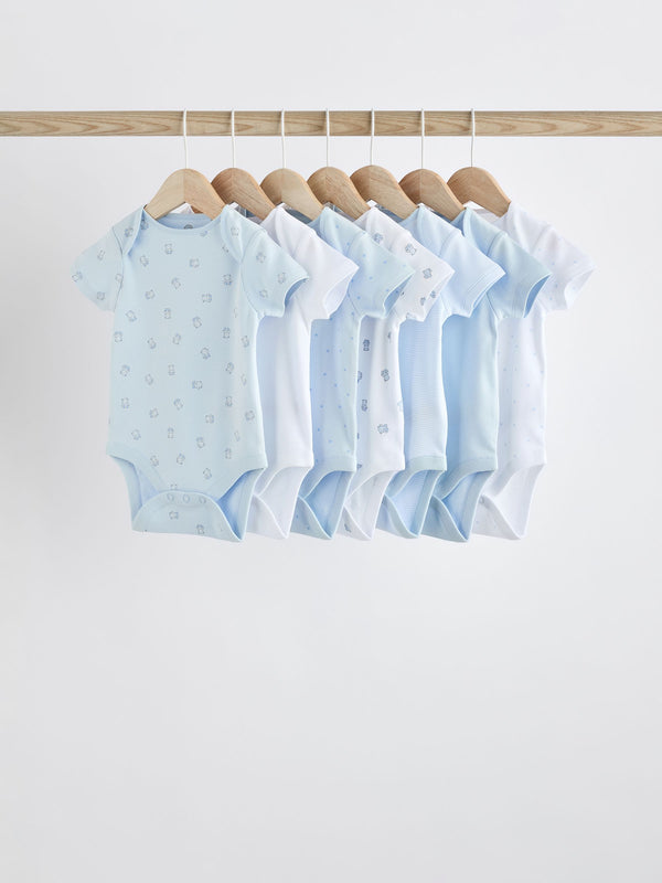 Blue 7 Pack Bear Short Sleeve Baby Bodysuits
