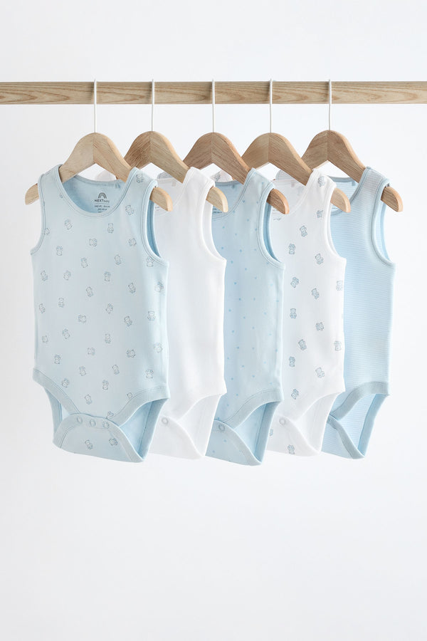 Blue Bear Print Baby Vests 5 Pack