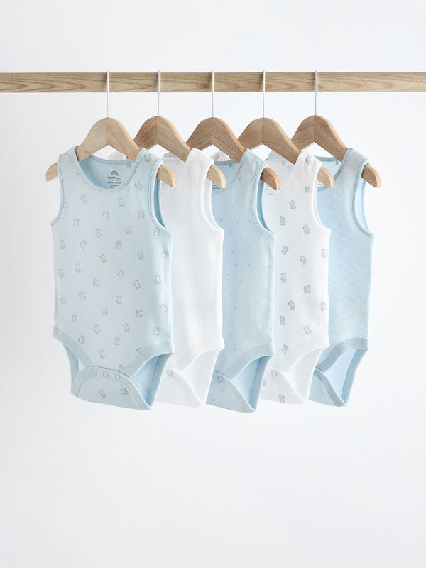 Blue Bear Print Baby 100% Cotton Vests 5 Pack