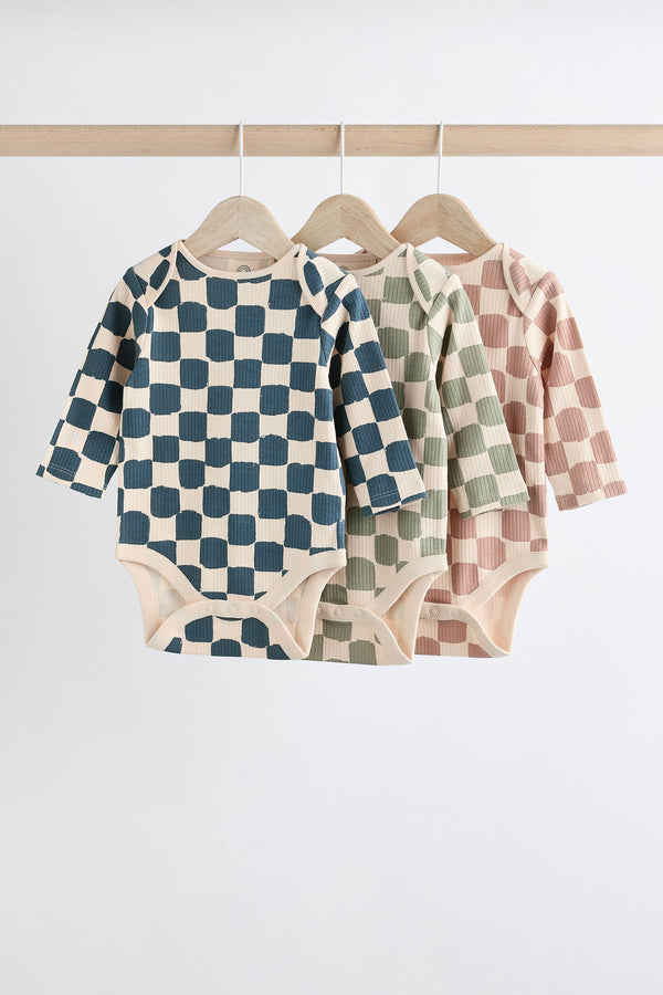 Mineral Checkerboard Baby Long Sleeve 100% Cotton Bodysuits 3 Pack