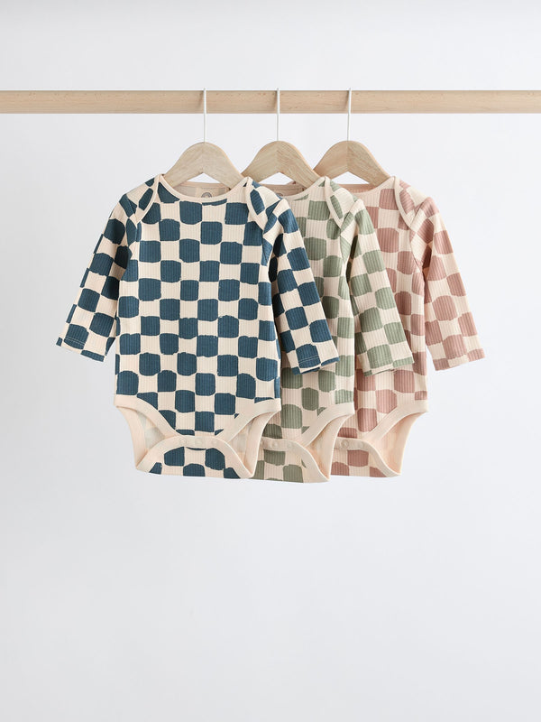 Mineral Checkerboard Baby Long Sleeve 100% Cotton Bodysuits 3 Pack