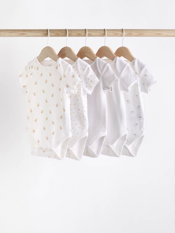 White 5 Pack Baby Short Sleeve 100% Cotton Bodysuits(immediate)