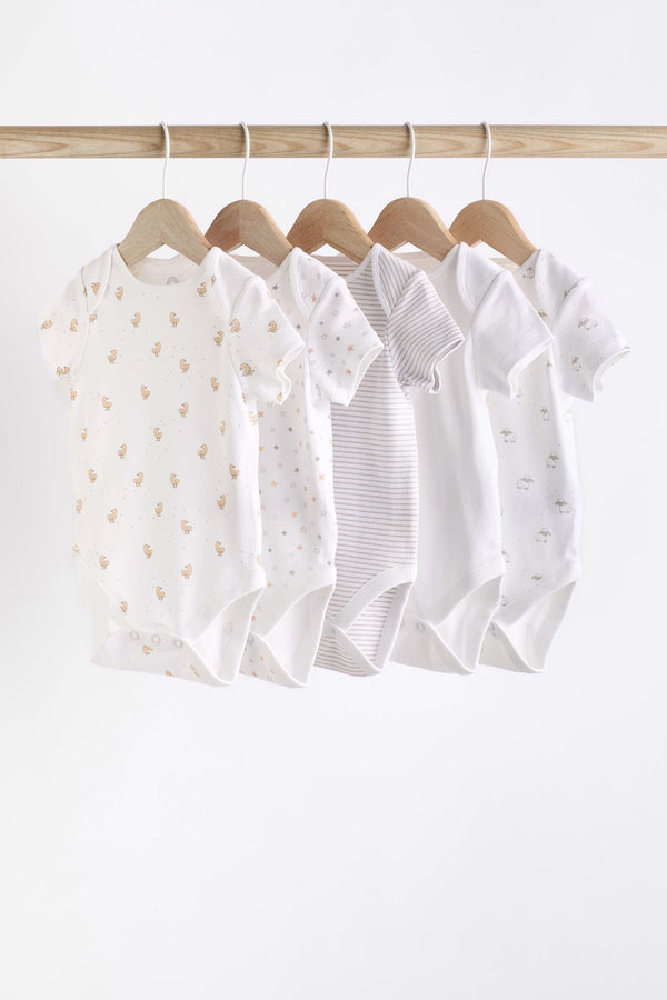 White 5 Pack Baby Short Sleeve Cotton Bodysuits