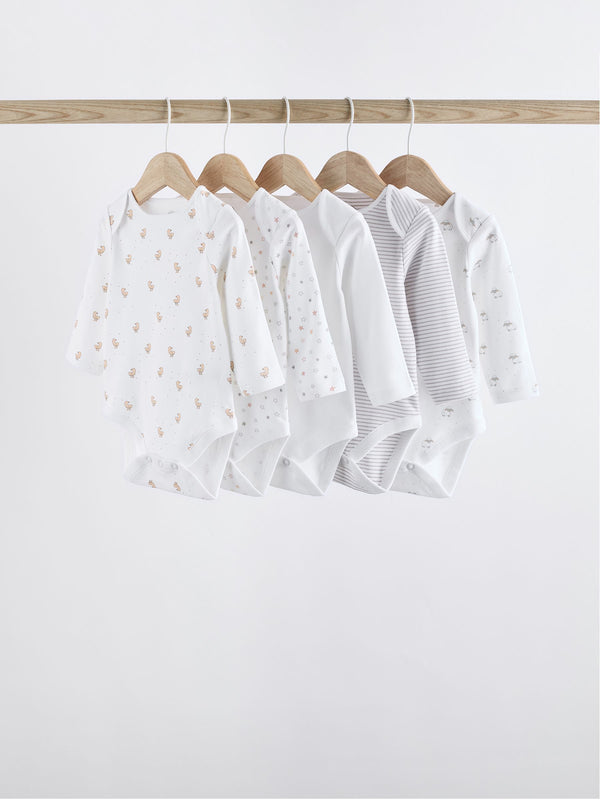 White Delicate Animal Print 5 Pack Long Sleeve 100% Cotton Baby Bodysuits