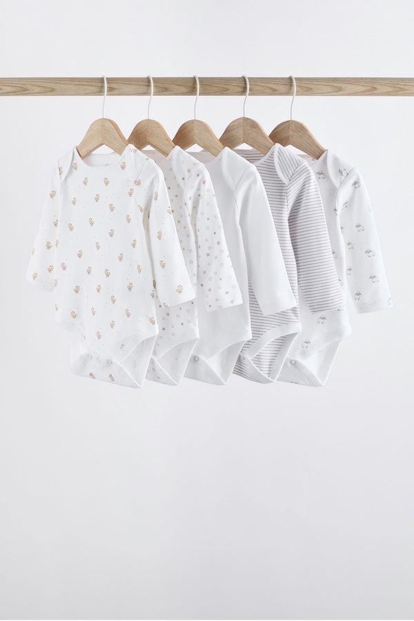 White Delicate Animal Print 5 Pack Long Sleeve Baby Bodysuits