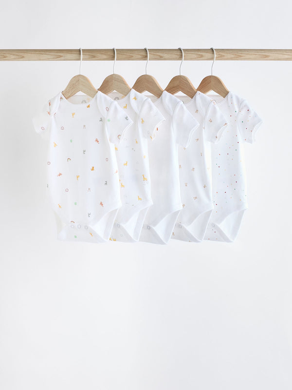 White 5 Pack Short Sleeve 100% Cotton Baby Bodysuits