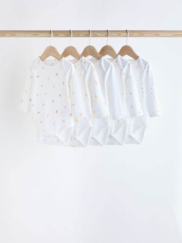 White 5 Pack Long Sleeve 100% Cotton Baby Bodysuits