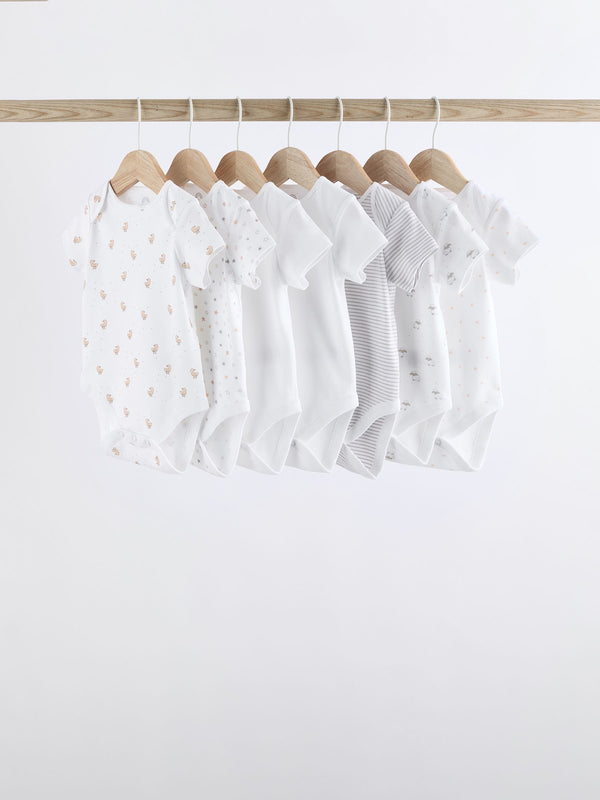 White 7 Pack Baby Short Sleeve 100% Cotton Bodysuits