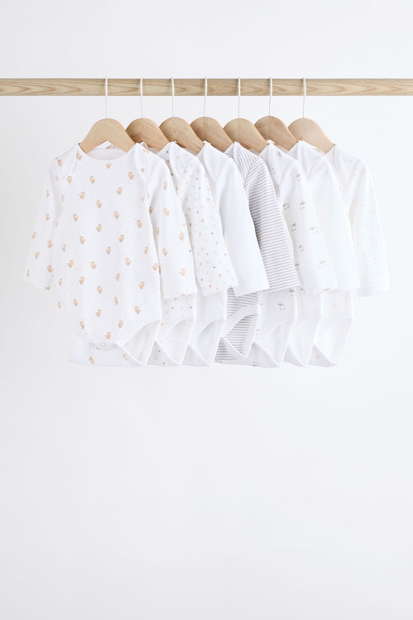 White Delicate Animal Print 7 Pack Long Sleeve Baby Bodysuits