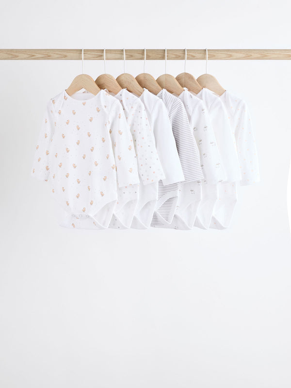 White Delicate Animal Print 7 Pack Long Sleeve 100% Cotton Baby Bodysuits
