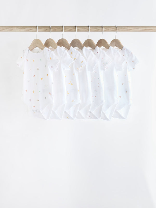 White 7 Pack Short Sleeve Baby Bodysuits