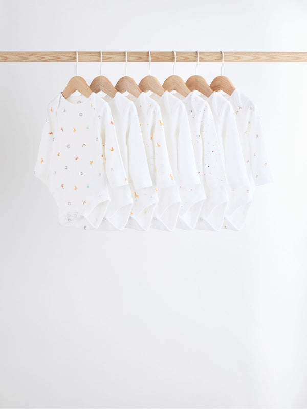 White 7 Pack Long Sleeve 100% Cotton Baby Bodysuits