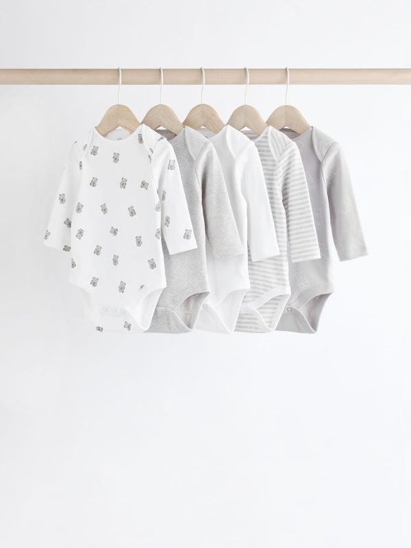 Grey/White Bear Baby 100% Cotton Bodysuits 5 Pack