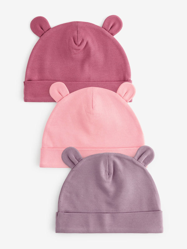 Pink Baby Beanie 100% Cotton Hats 3 Pack (0-18mths)