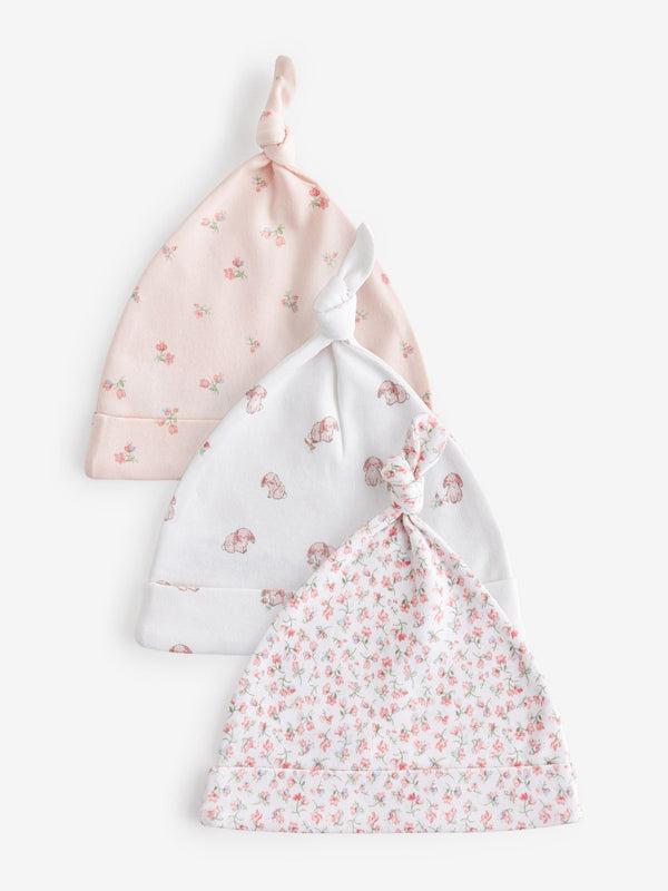Pink 3 Pack Tie Top Baby Beanies (0-12mths)
