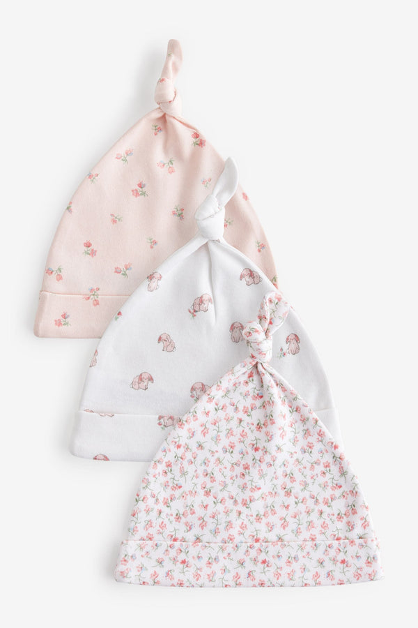 Pink Baby Tie Top 100% Cotton Hats 3 Pack (0-2yrs)