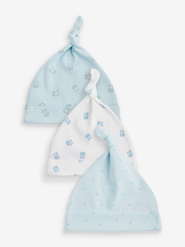 Blue/White Bear Baby Tie Top 100% Cotton Hats 3 Pack(immediate)