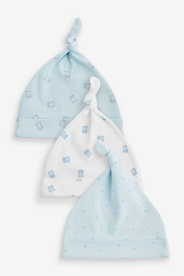 Blue/White Bear Tie Top Baby Hats 3 Pack (0-12mths)