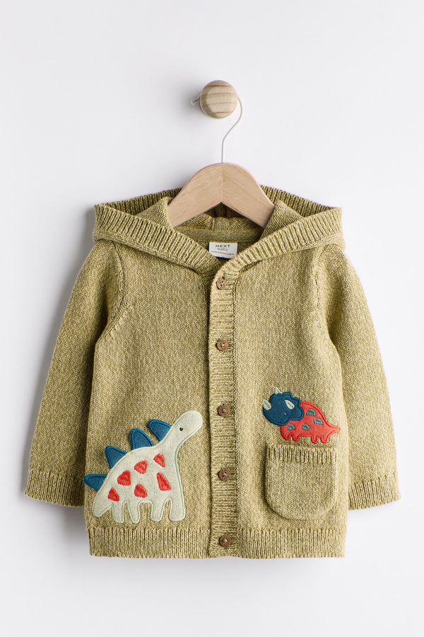 Green Dinosaur Baby 100% Cotton Knitted Cardigan (0mths-2yrs)