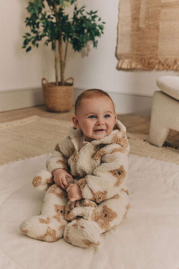 Ecru/Tan Bear Print Baby Cosy Fleece All-In-One (0mths-2yrs)