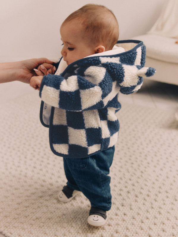 Navy Blue Checkerboard Baby Borg Hooded Fleece Jacket (0mths-2yrs)