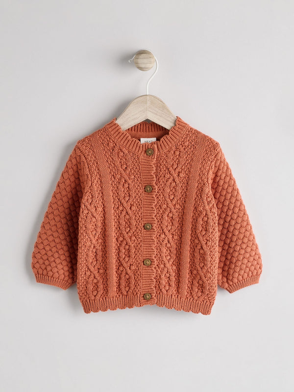 Rust Brown Baby Knitted Bobble 100% Cotton Cardigan (0mths-2yrs)