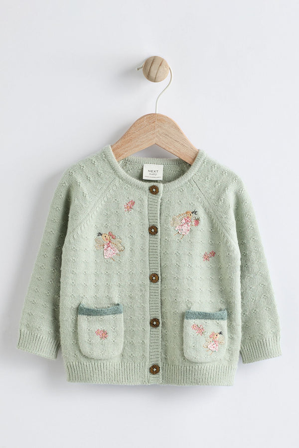 Sage Green Fairy Embroidered Baby Knitted 100% Cotton Cardigan (0mths-3yrs)