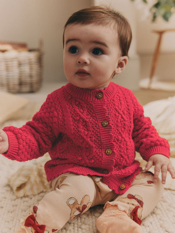 Red Baby Knitted Bobble 100% Cotton Cardigan (0mths-2yrs)