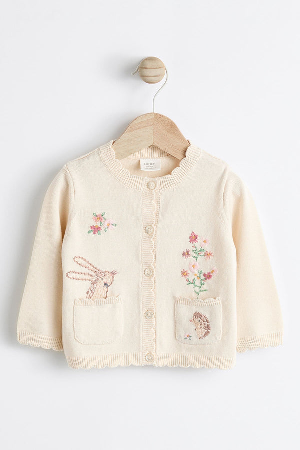 Cream/White Bunny Embroidered Baby Knitted 100% Cotton Cardigan (0mths-3yrs)