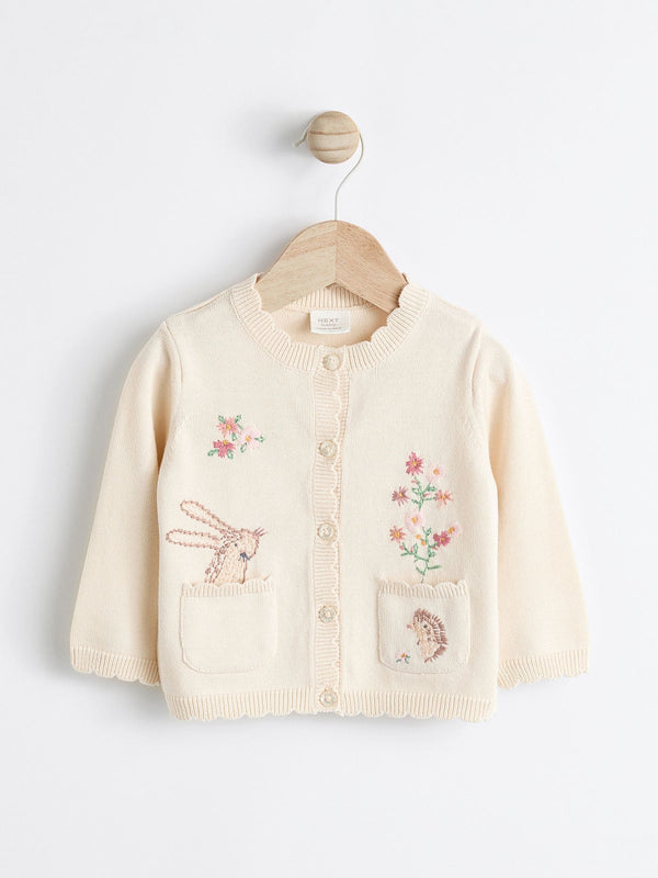 Cream Bunny Baby Embroidered Knitted 100% Cotton Cardigan (0mths-3yrs)