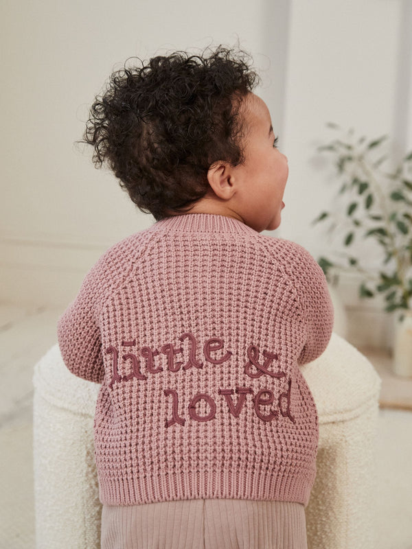 Pink Back Slogan Embroidered Baby Knitted Cardigan (0mths-2yrs)