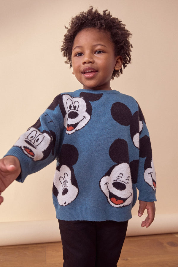 Teal Blue Mickey Mouse Knitted Crew Neck Jumper (3mths-7yrs)