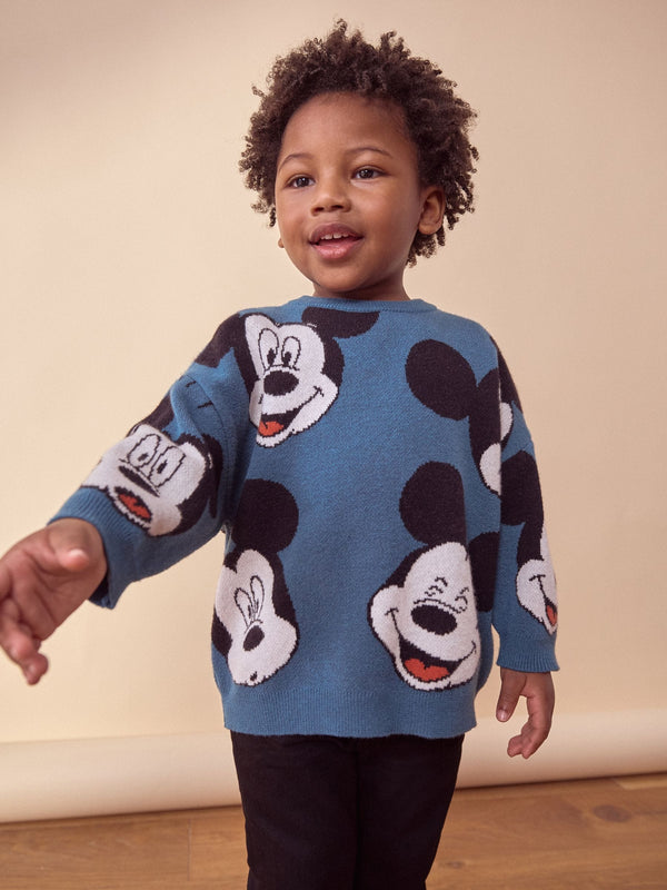 Teal Blue Mickey Mouse Knitted Crew Neck Jumper (3mths-7yrs)