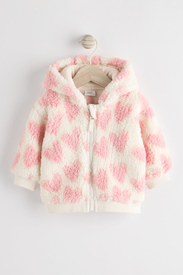 White/Pink Heart Print Baby Cosy Fleece Jacket (0mths-2yrs)