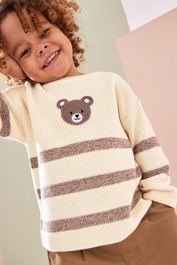 Ecru Cream/Brown Bear Stripe Knitted 100% Cotton Crew Neck Jumper (3mths-7yrs)