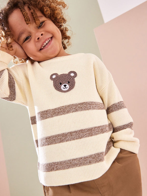 Ecru Cream/Brown Bear Stripe Knitted 100% Cotton Crew Neck Jumper (3mths-7yrs)