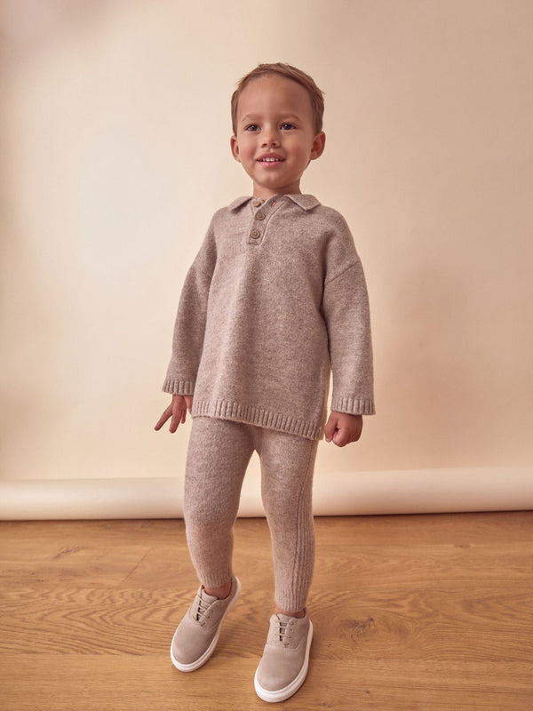 Neutral Knitted Long Sleeve Polo And Joggers Set (3mths-7yrs)
