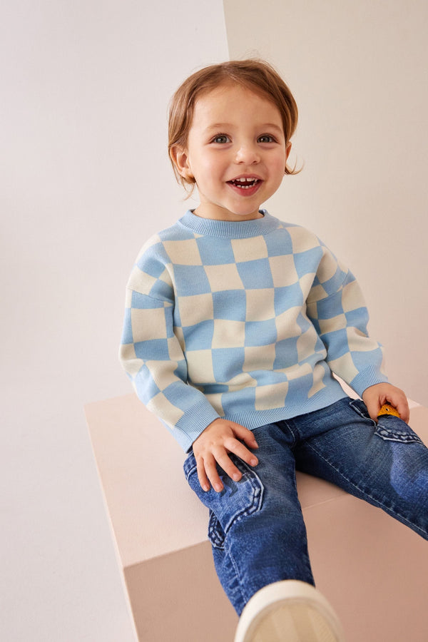 Blue Checkerboard Crew Neck Knitted Jumper (3mths-7yrs)