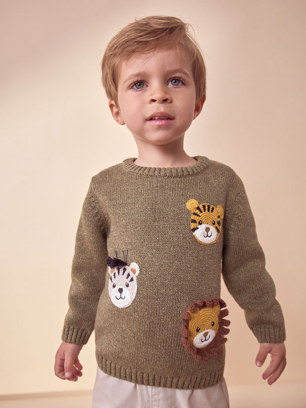 Khaki Green Safari Animals Crew Neck Knitted 100% Cotton Jumper (3mths-7yrs)