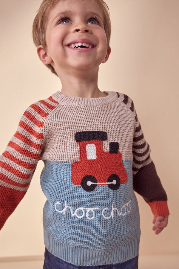 Blue/Neutral Train Knitted Crew Neck Jumper (3mths-7yrs)