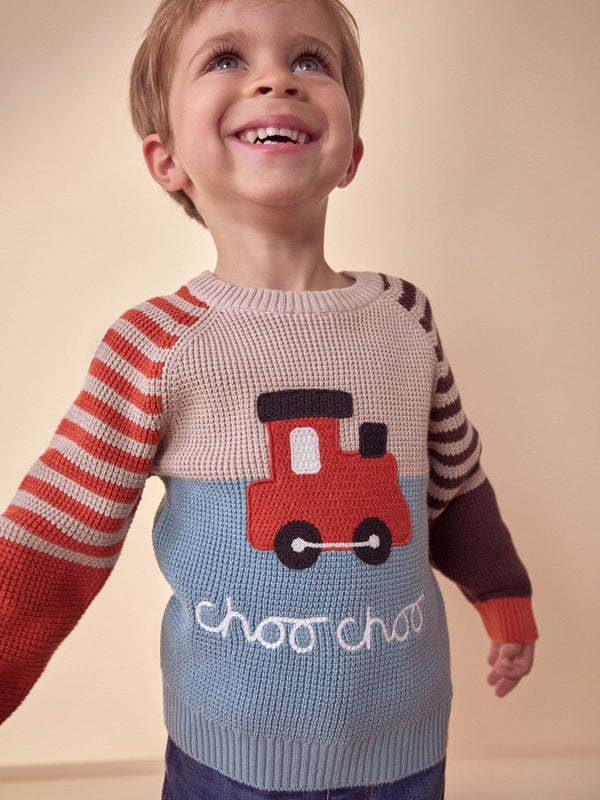 Blue/Neutral Train Knitted 100% Cotton Crew Neck Jumper (3mths-7yrs)