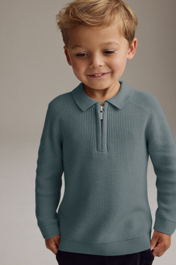 Teal Blue Long Sleeve Zip Neck Knitted Polo Shirt (3mths-7yrs)