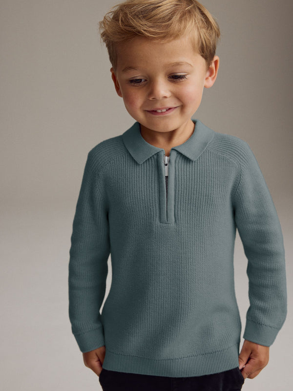 Teal Blue Long Sleeve Quarter Zip Knitted Polo Shirt (3mths-7yrs)