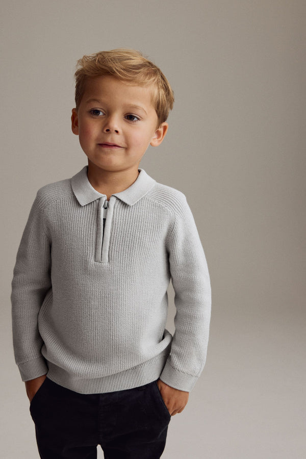 Light Grey Long Sleeve Zip Neck Knitted Polo Shirt (3mths-7yrs)